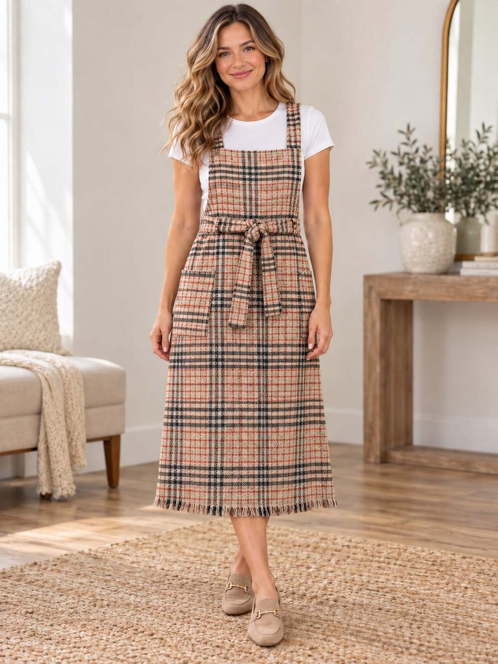 Sadie & Sage Plaid Overall Mini Dress Tie Waist Pockets Fringe Hem Est S
